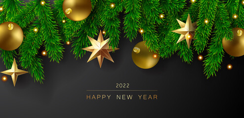 Happy New Year Christmas 2022 Gradient Red Background With Christmas Tree And Colorful Shiny Toys Balls. Winter Seasonal Traditional Xmas Party Banner Card. Green fir New year layout. Vector