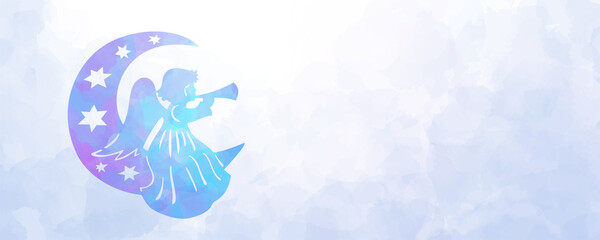 Vector watercolor Christmas background with angel and blue sky for cards. Stars. Hand drawn vector texture. Blue and pink brushstrokes. Template for flyer, poster, banner. Merry Christmas! Winter. 
