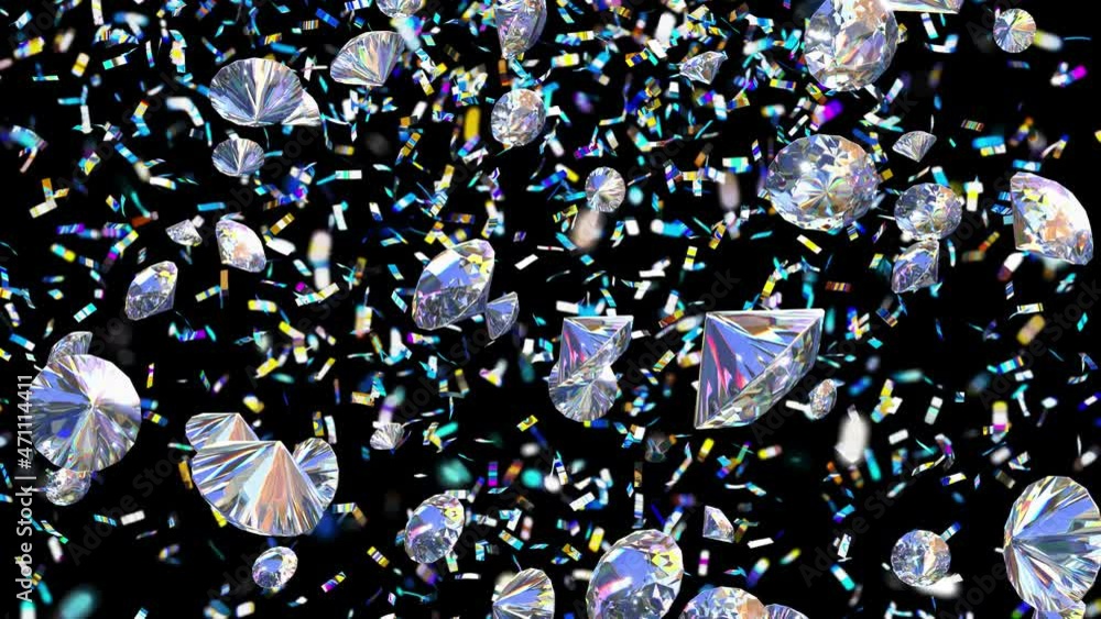 Poster realistic looping 3d animation of the falling shining diamonds with colorful confetti rendered in uh
