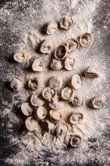 Lots of homemade dumplings on table with flour. Raw ravioli are ready for cooking. Close-up, selective focus.