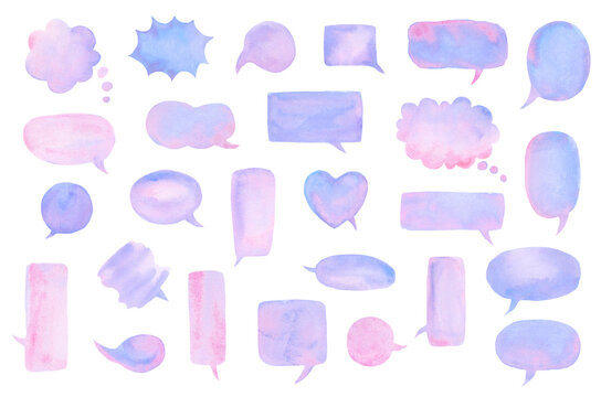 Blue And Pink Watercolor Speech Bubbles, Pastel Soft Colors Call Out Shapes Isolated On White