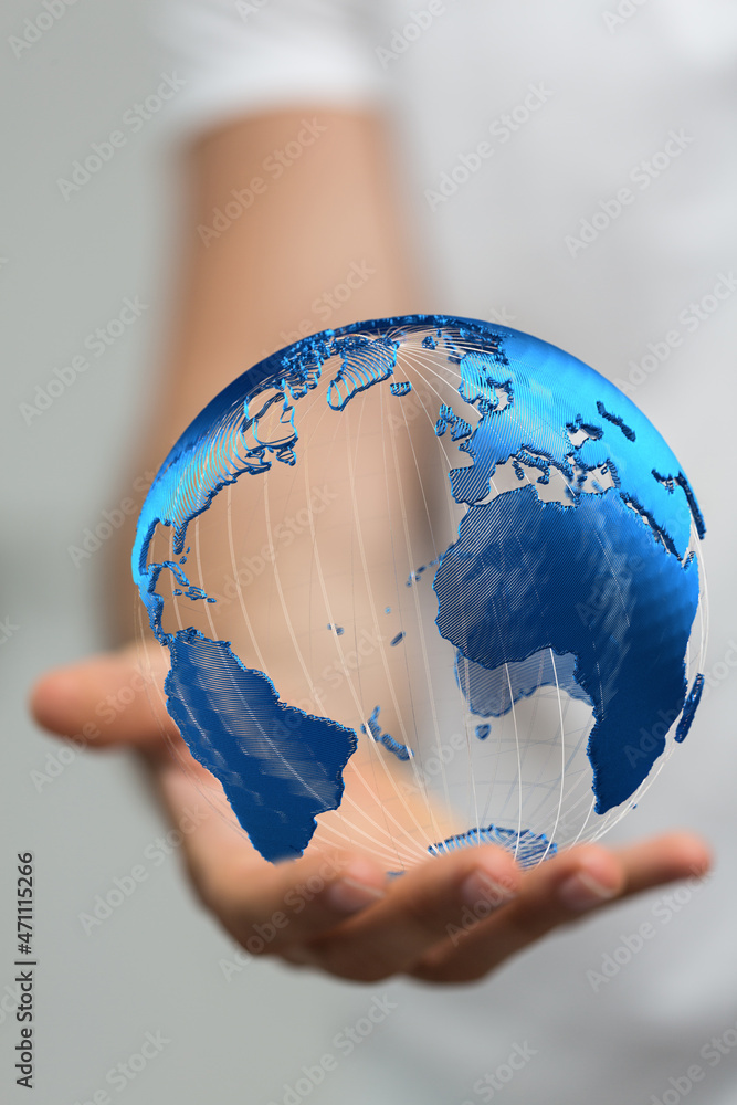 Leinwandbilder network holding in hand 3d connection data global