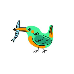 Kingfisher bird with fish in beak doodle. Perfect for T-shirt, stickers, textile and print. Hand drawn vector illustration for decor and design. 
