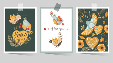 Fototapeta na wymiar Valentines day cartoon vector card set with hand drawn lettering quote flower, bird and heart. Love greeting print poster. Ornate floral design.