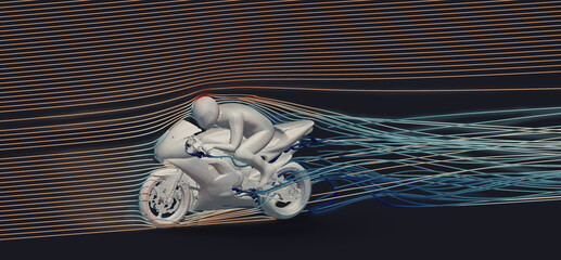 Computational Fluid Dynamic simulation of a motorbike. Beautiful velocity streamlines flowing around biker on a sportsbike. Artistic 3D rendering of a simulation. 4K resolution - obrazy, fototapety, plakaty