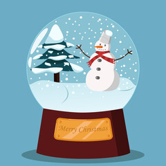 Snow globe with smiling snowman and Christmas tree. Vector illustration. Christmas greeting card.