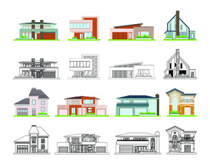 Vector illustration of a house on a white background. Sweet home. Icons for cottages, townhouses, villas, houses, buildings. A hand-drawn house. The project of the building. Drawing of the house