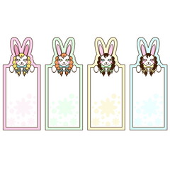 Obraz premium Vector image of four rabbits in different colors for writing shopping lists, a magnetic board for a nursery, etc.