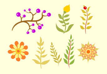 Set of vector flowers, plants and leaves for graphic design, for fashion, greeting, holiday cards on a natural theme or decoration