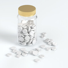 Jar of white pills. Supporting the body in case of illness. Production of drugs. Medical theme. 3d rendering. 