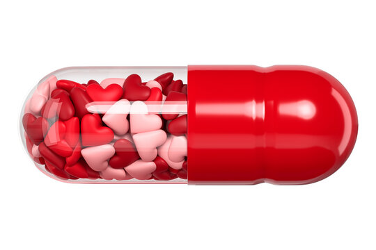 Medicinal capsule with heart-shaped granules on a white background. Front view. Creative image of a cure for cardiovascular disease. 3d rendering. 