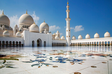 The Sheikh Zayed Grand Mosque in Abu Dhabi, the capital city of the United Arab Emirates. It is the largest mosque in the country.