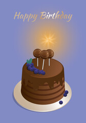 Festive chocolate cake on the background with the inscription happy birthday