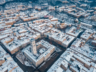 Obraz premium aerial view of snowed lviv center