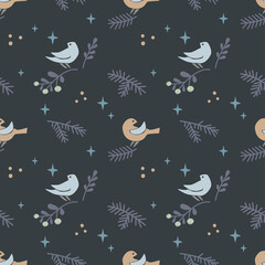Seamless pattern with Christmas tree, bird, star, berry isolated on dark blue background. Vector hand drawn flat illustration. Design for textile, wallpaper, wrapping, backdrop