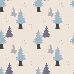 Obraz premium Seamless pattern with Christmas tree isolated on beige background. Vector hand drawn flat illustration. Design for textile, wallpaper, wrapping, backdrop