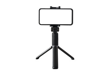 Smartphone on black tripod with blank screen isolated on white background. Copy space. Vlogging, streaming, social media content. Content creating