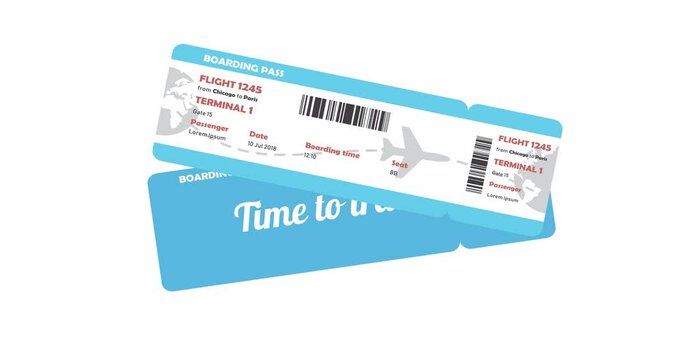 Animation of airline tickets to plane for travel journey. Boarding pass. Travel concept. Motion graphics. 4k resolution.