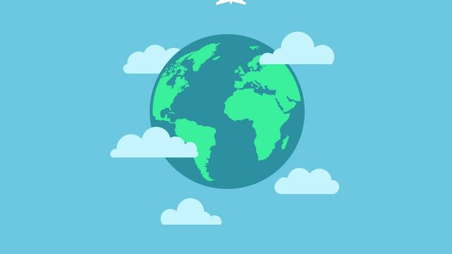 Around the world. Plane flying over globe. Travel and vacation concept. 4k cartoon video animated.