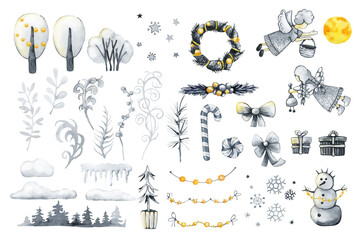 Set of winter snow trees, Christmas angel and star. Black and white watercolor illustration isolated on white background