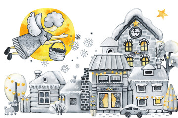 Winter town, Christmas snow houses and angel boy. Hand drawn watercolor illustration isolated on white background
