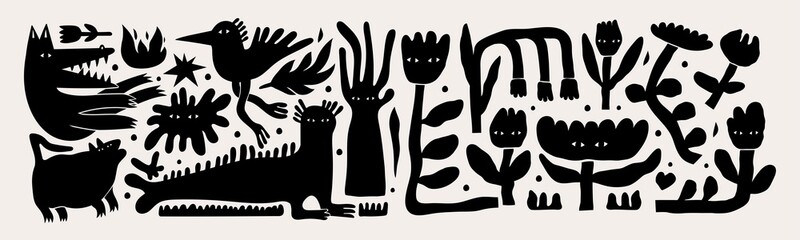 Various strange creatures. Abstract imaginary monsters. Fictional animals and flowers. Cute disproportionate characters. Black trendy Vector set. Hand drawn illustration. All elements are isolated