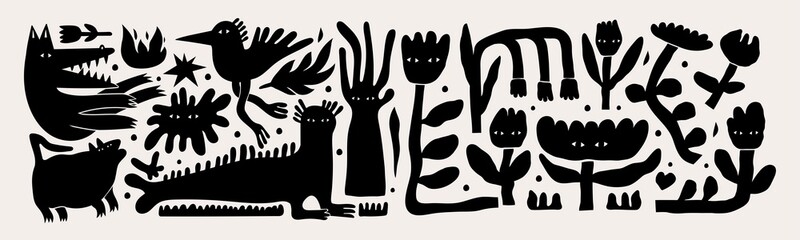 Various strange creatures. Abstract imaginary monsters. Fictional animals and flowers. Cute disproportionate characters. Black trendy Vector set. Hand drawn illustration. All elements are isolated © Dariia