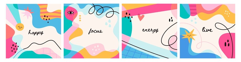 Motivational, inspirational, lifestyle words. Abstract backgrounds. Set of four isolated square Poster templates. Card, poster design. Wall art decor. Hand drawn modern Vector illustrations