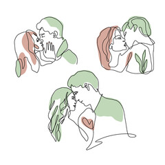 One line abstract kiss illustration - single linear love graphic