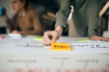 Close-up of entrepreneur creates mind map while working on new business project in office.