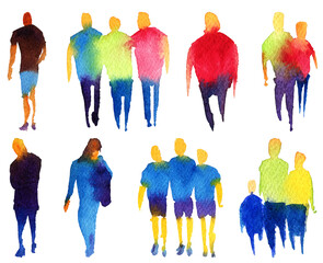 Watercolor silhouettes of people, family, couple. Watercolor paper texture. Vector silhouettes