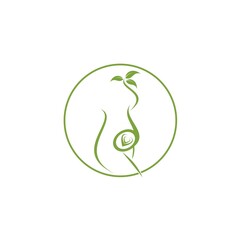 Stylish logo with pregnant woman green color leaves. Pregnancy symbol, vector template. EPS 10