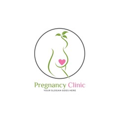 Stylish logo with pregnant woman green color leaves. Pregnancy symbol, vector template. EPS 10