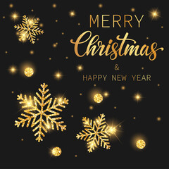 Vector illustration Merry Christmas and Happy New Year. Bright shiny snowflakes on a black background. 
