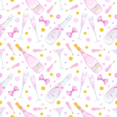 Seamless pattern pink champagne, glasses and festive accessories watercolor. Background pink sparkler, confetti, print. Perfect for New Year, Wedding, Bachelorette Party, Anniversary, Birthday.