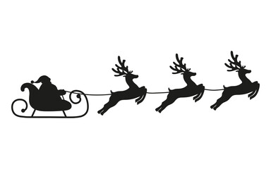 Santa Claus rides reindeer in a sleigh sled. 