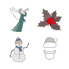 Merry Christmas elements, angel and holly berry, snowman and Santa Claus with a beard, mustache and hat without a face, vector illustration