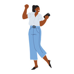 Happy dark - skinned woman in jeans with phone in her hand. Good news, joyful message, important call. Education and business. Colorful flat character, isolated on white background