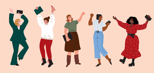 Happy multinational women. Good news, joyful message, important call. Education and business. Vector illustration  with colorful flat character