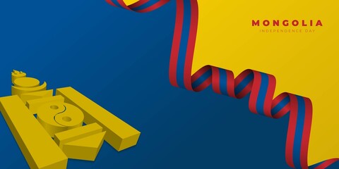 Waving Mongolia ribbon with 3d mongolia emblem design. Mongolia independence day template design.