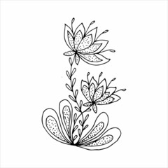 Hand-drawn flower single doodle element for coloring, invitation, postcard. Black and white vector image