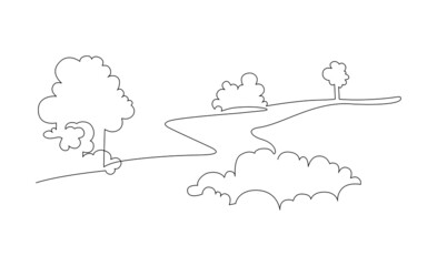 Landscape park with path and trees. Continuous line drawing. Vector illustration. - 471124083