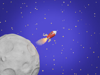 rocket flying over the moon with stars background