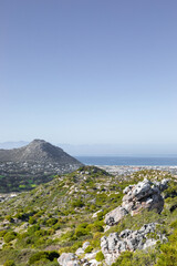 Rugged mountain landscape with fynbos flora in Cape Town.