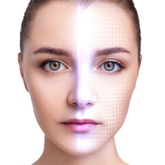Technological scanning face of young beautiful woman. Concept of security.