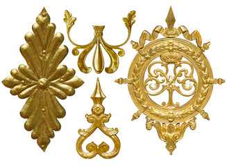 Set of golden decorative elements with floral pattern isolated on white background