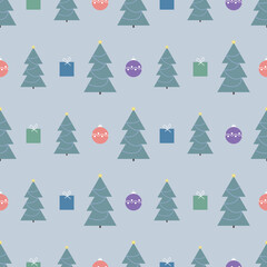 Christmas pattern with Christmas trees and presents and beautiful Christmas balls on blue background. Festive flat seamless design for wrapping, clothes, print. Holiday cartoon vector illustration