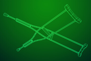 Crutches medical walking sticks for rehabilitation of broken leg. Treatment of people with leg injuries. Wireframe low poly mesh vector illustration.