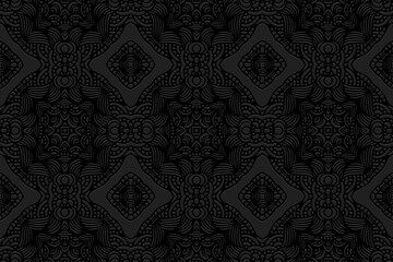 Embossed black background design.Beautiful texture with geometric volumetric convex ethnic 3D pattern.Vector graphic template in folk art style for business background, wallpaper, presentations. 