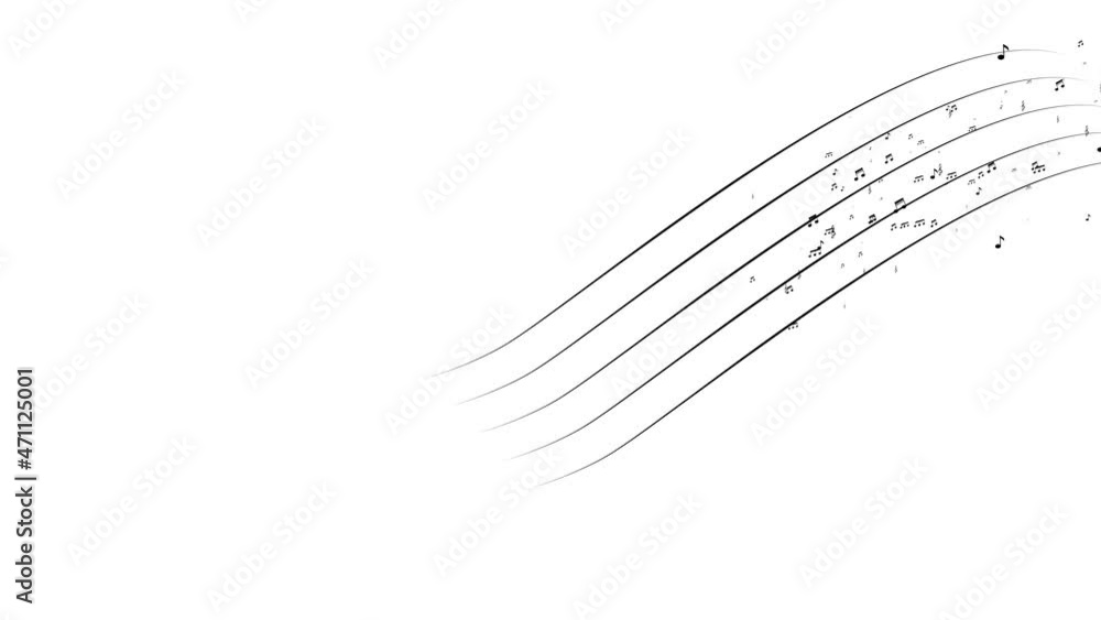 Poster music notes animation. musical symbols on lines with swirls.